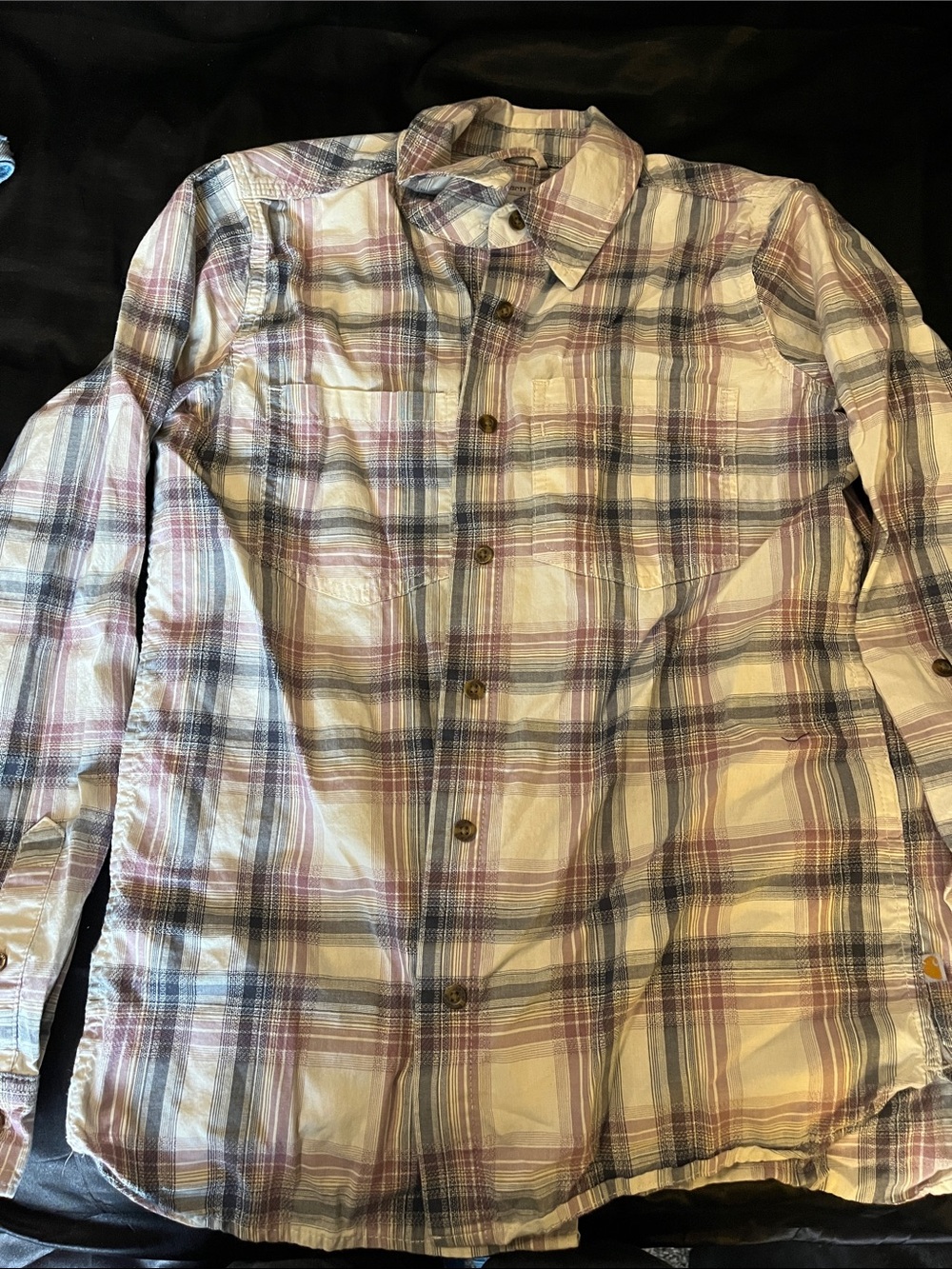 Carhartt Women's Plaid Button-Down Shirt in pink, gray and cream